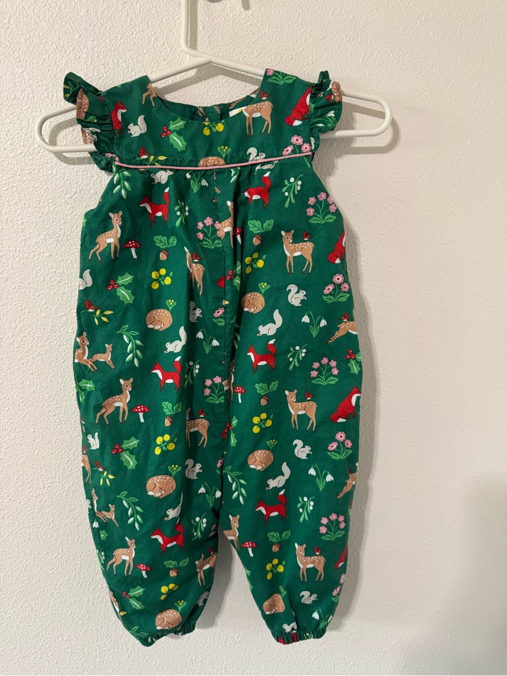 Mini Boden Woodland Critters Romper Green Snap Crotch Lined Novelty 6-9 Month